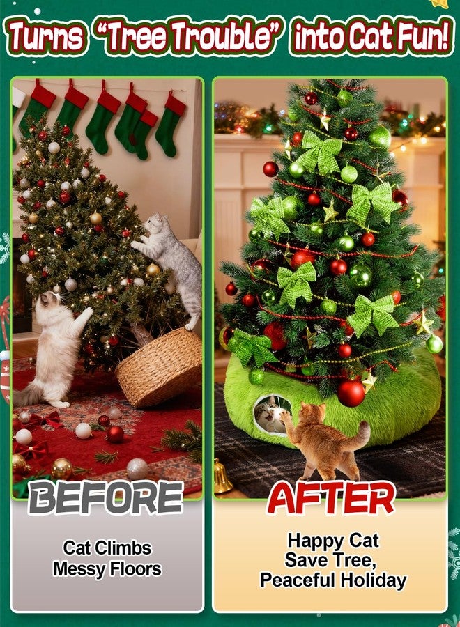 Beeplove Green Fluffy Cat Tunnel Christmas Tree Skirt - Cat Donut Bed, Christmas Tree Protector from Cats, Xmas Small Medium Large Cats Gifts Accessories - Image 3